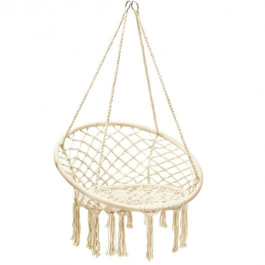 Hanging Macrame Hammock Chair with Handwoven Cotton Backrest-Black