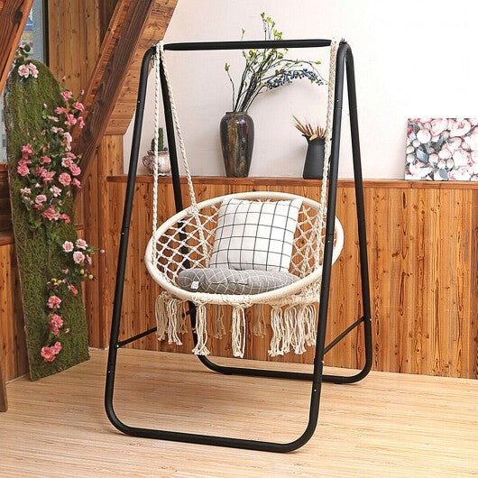 Hanging Macrame Hammock Chair with Handwoven Cotton Backrest-Black
