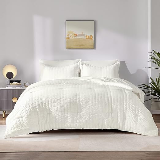 Queen Bed in a Bag White Seersucker Comforter Set with Sheets 7-Pieces All Season