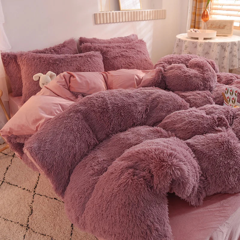 Luxury Winter Warm Pink Bedding Set Autumn Plush Kawaii Mink Velvet Queen Duvet Cover Set with Sheets Single Double Bedding Sets ShopOnlyDeal