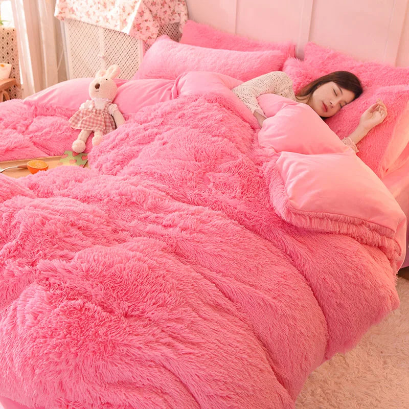 Luxury Winter Warm Pink Bedding Set Autumn Plush Kawaii Mink Velvet Queen Duvet Cover Set with Sheets Single Double Bedding Sets ShopOnlyDeal