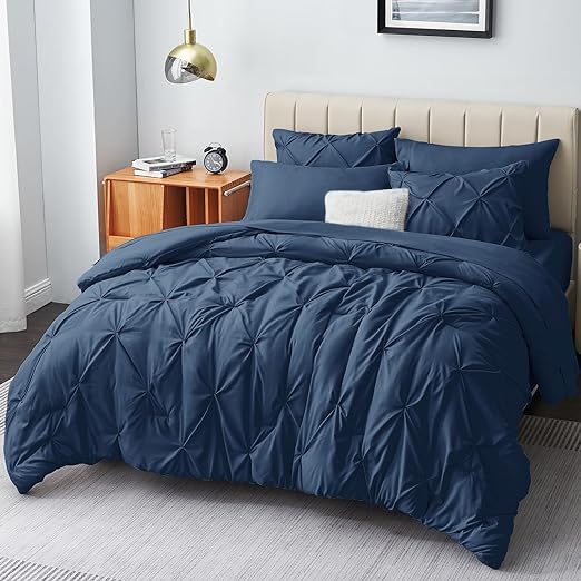 Queen Comforter Set - 7 Pieces Comforters Queen Size Light Blue, Pintuck Bed