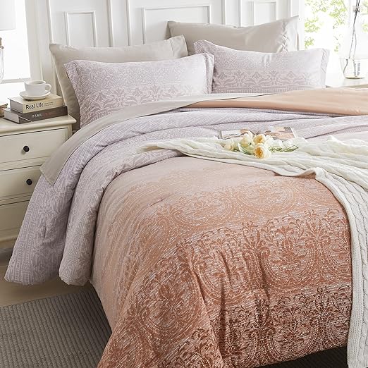 Queen Comforter Set, Bed in a Bag 7-Pcs, Boho Floral Print Bedding, All Season Comfortable