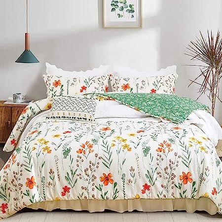 Floral Full Size Comforter Set, Sage Green Floral Bedding Cotton Comforter Set, Yellow Flower Botanical Pattern Printed Bedding Sets