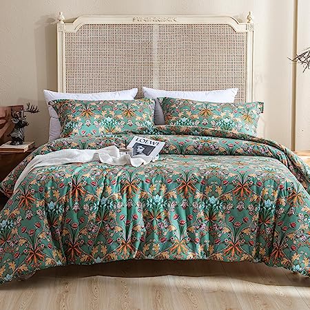Floral Full Size Comforter Set, Sage Green Floral Bedding Cotton Comforter Set, Yellow Flower Botanical Pattern Printed Bedding Sets