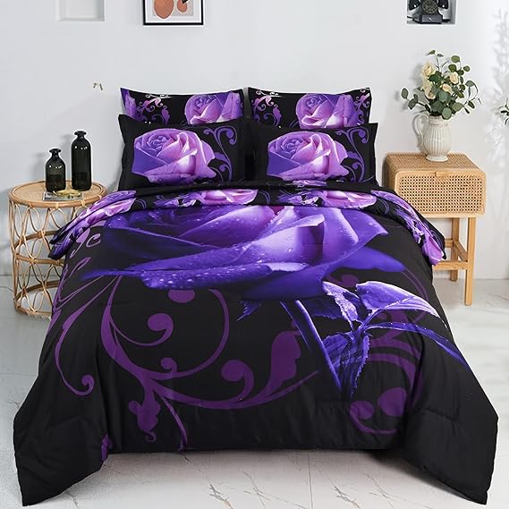 Blue Comforter Set 7 Piece Bed in a Bag Blue Rose Comforter with Reversible Bedding Set
