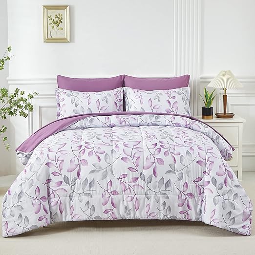 7 Piece Bed in a Bag Queen Comforter Set Botanical Floral Bedding Set ,White Flowers