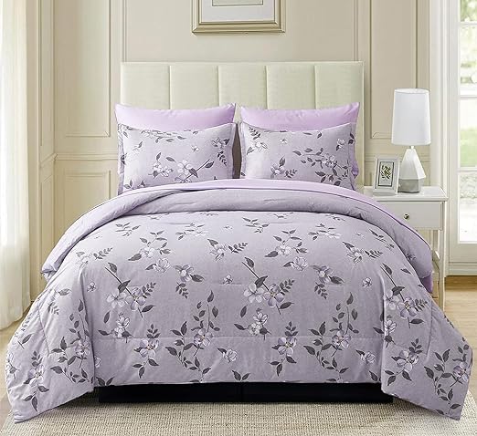 7 Pieces Bed in a Bag Green Comforter Set Queen Floral Comforter Soft Microfiber Bedding