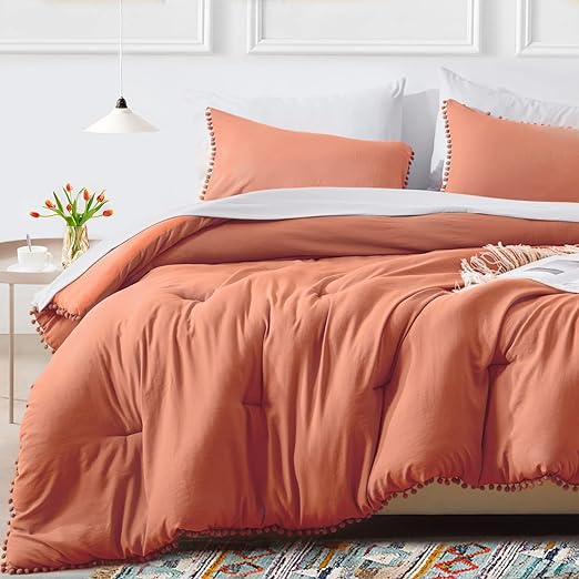 Queen Bed in a Bag 7-Pieces Reversible Comforter Set Queen, Pom Pom Fringe Washed