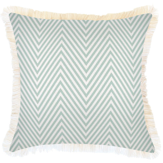 Cushion Cover-Coastal Fringe Natural-Zig Zag Pale Mint-45cm x 45cm