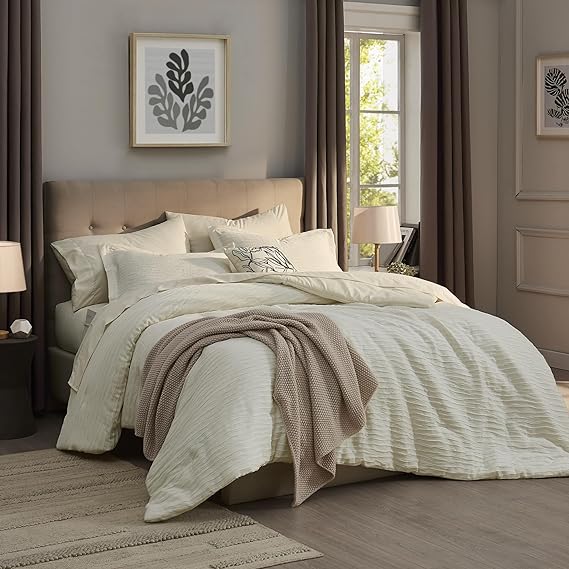 Queen Comforter Set, Textured Design Sage Green and Yellow Leaves Printed Comforter