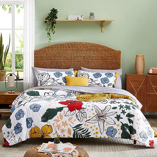 Queen Comforter Set, 7 PCS Green Butterfly Floral Comforter Set with Flowers Leaves