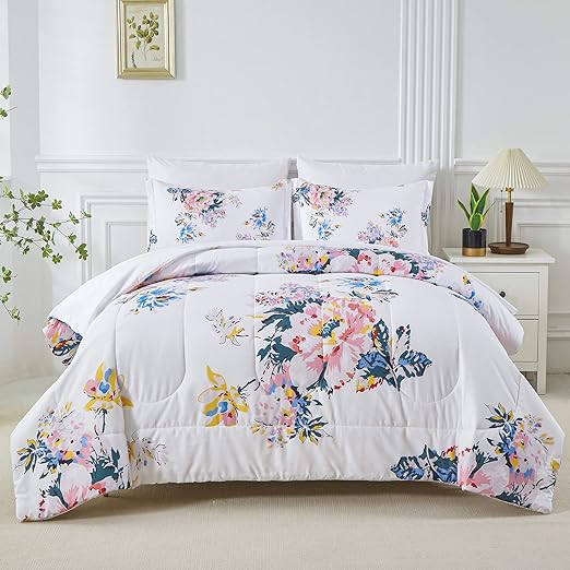 7 Piece Bed in a Bag Queen Comforter Set Botanical Floral Bedding Set ,White Flowers