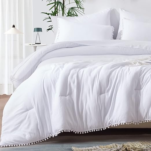 Queen Bed in a Bag 7-Pieces Reversible Comforter Set Queen, Pom Pom Fringe Washed