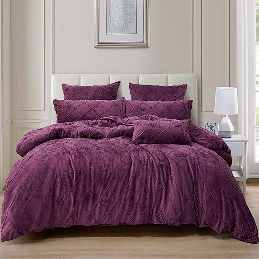 Pleated Velvet Comforter Set Queen, 5PCS Ultra Soft Warm Comforter Set for Fall