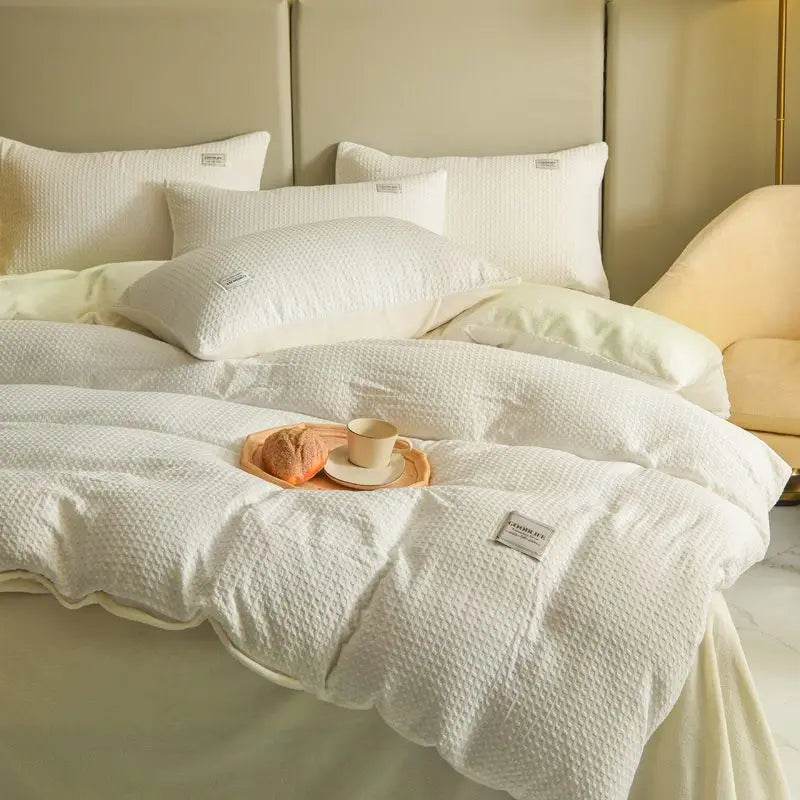 Winter Thickened Padded Warm Duvet Cover Set Japanese Solid Color Quilt Cover Bed Sheet Pillowcase 4pcs Luxury Queen Bedding Set ShopOnlyDeal