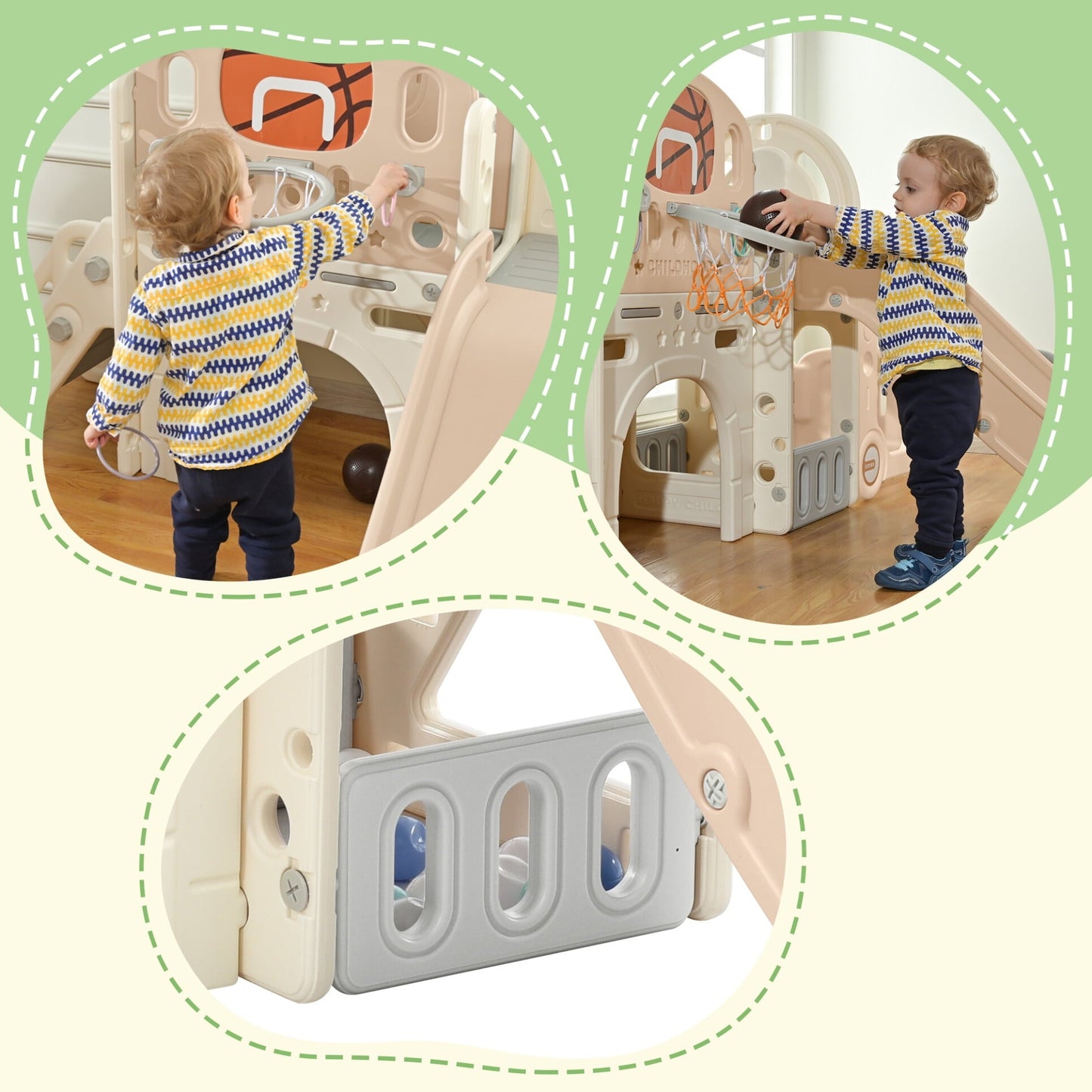 9 in 1 Kids Slide Playset Structure,Freestanding Castle Climbing Crawling Playhouse with Slide,Arch Tunnel,Loop Toss,Realistic Bus Model,Basketball Hoop and Toy Storage Organizer,Pink