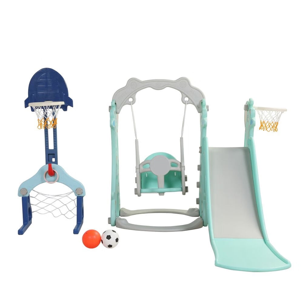 5 in 1 Slide and Swing Playing Set, Toddler Extra-Long Slide with 2 Basketball Hoops, Football, Ringtoss, Indoor Outdoor