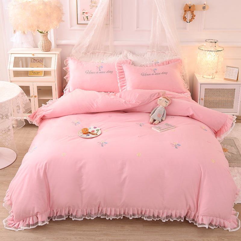 Summer Ruffled Cotton Four-piece Set Girl Heart Embroidery Flower Quilt Cover - Wnkrs